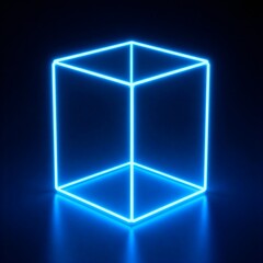 3D render of a futuristic wireframe cube with a bright blue glow. Sci-fi object on a dark background with reflections, Abstract wallpaper.