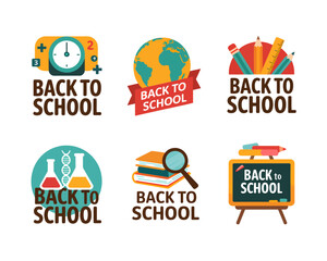 Naklejka premium Six colorful 'Back to School' themed vector illustrations featuring various educational symbols like a clock, globe, pencils, beakers, books, and a chalkboard.