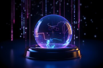 Futuristic glowing crystal ball with floating business icons and data graphs inside