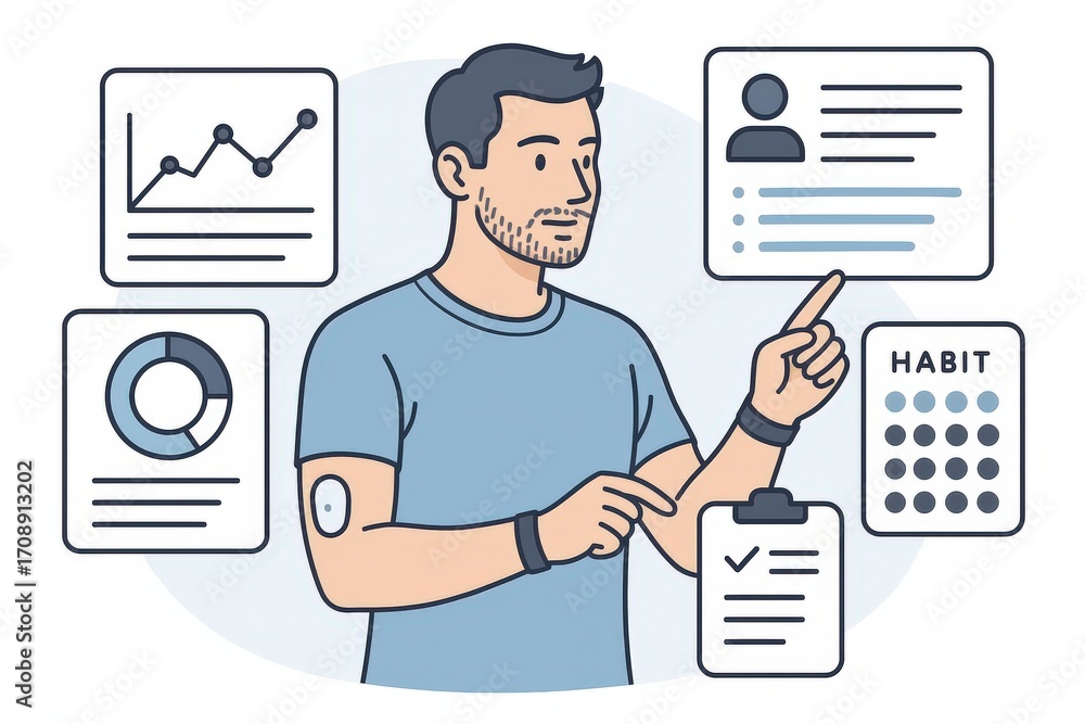 Poster analyzing personal data insights through digital interfaces while tracking productivity and habits f