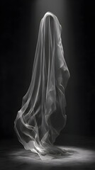 Ethereal sheer fabric floating in light, ghostly minimalist, soft movement, monochromatic white