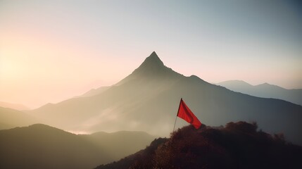 Distant view of a mountain peak with a small red flag on top, early morning light