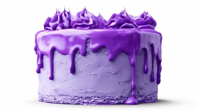 Purple cake with frosting, cascading drips on white