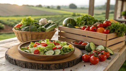 Fresh salad with vegetables on a wooden table with a farm backdrop