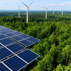 Sustainable power source. A field of solar panels and a group of wind turbines generating electricity in a beautiful forest landscape.