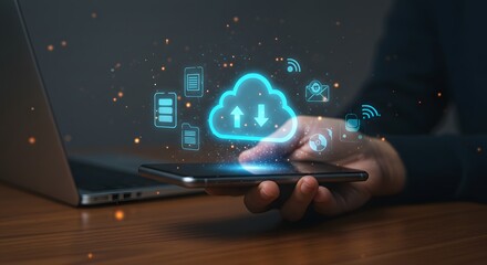 Seamless data synchronization concept with glowing cloud interface on mobile device and laptop.