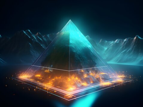 Glowing glass pyramid floating above neon-lit terrain, surrounded by data streams