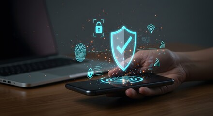 Mobile security concept with glowing shield, fingerprint scan, and network connections, data protection.