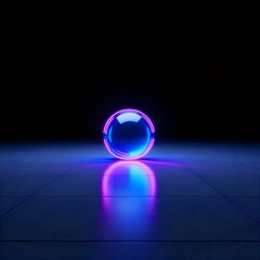 A luminous glass sphere reflecting a blue and purple neon ring on a dark tiled floor. Abstract 3D object for a futuristic tech poster.