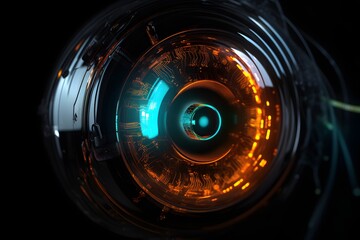 Futuristic mechanical eye lens with glowing circuits and layered glass optics