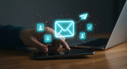 Digital communication concept with glowing icons over a smartphone and laptop, modern connectivity.