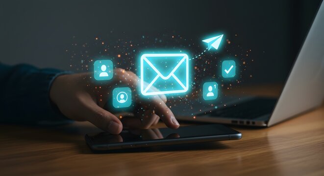 Digital communication concept with glowing icons over a smartphone and laptop, modern connectivity.