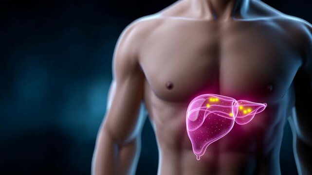 Medical illustration of gallstone disease, showing severe pain in man. human liver and gallbladder anatomy reveals serious internal organ problem from cholelithiasis
