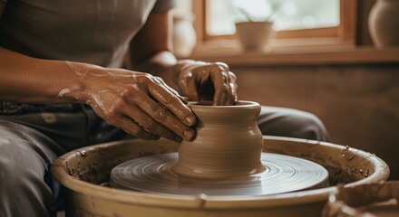 Half-body photo of a ceramic artist shaping clay at a potter’s wheel