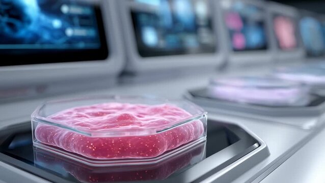 Futuristic biotechnology research in an advanced laboratory facility, covering cultured meat for food innovation and developing groundbreaking medical treatments for syphilis