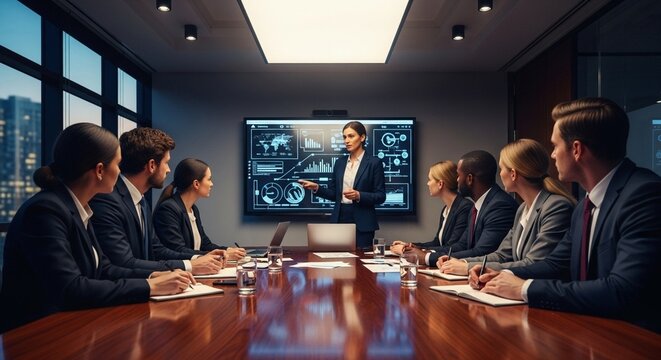 Modern Professional Business Meeting with Data Visualization on Screen Image