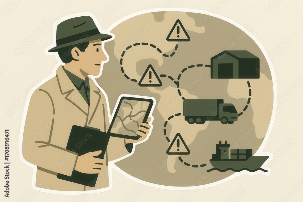 Poster expert logistician analyzing complex global supply chain challenges through advanced digital mapping
