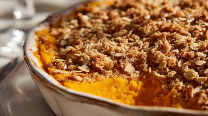 A close-up a freshly baked pumpkin crisp dessert in a rustic ceramic baking dish.