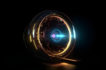 Futuristic mechanical eye lens with glowing circuits and layered glass optics