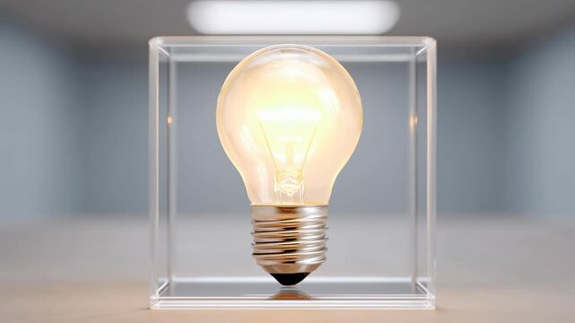 Hopeful innovation in ai therapeutics and ethics, symbolized by glowing light bulb inside transparent box, protecting brilliant new thought for future discovery