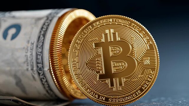 Golden bitcoin emerging from rolled dollar bill, revolutionary look future of finance. This speculative concept shows digital currency, cbdc, and new money clashing with traditional financial
