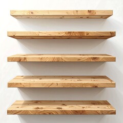 Four wooden shelves against white wall