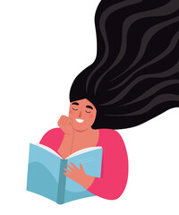 A girl with long hair reads a book. A pensive woman dreams and rests. Vector flat graphics.