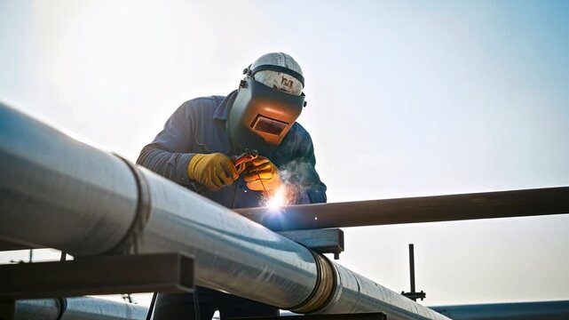 Skilled male worker in welding mask and gloves preparing to weld and welding a gas pipeline outdoors, gas infrastructure footage