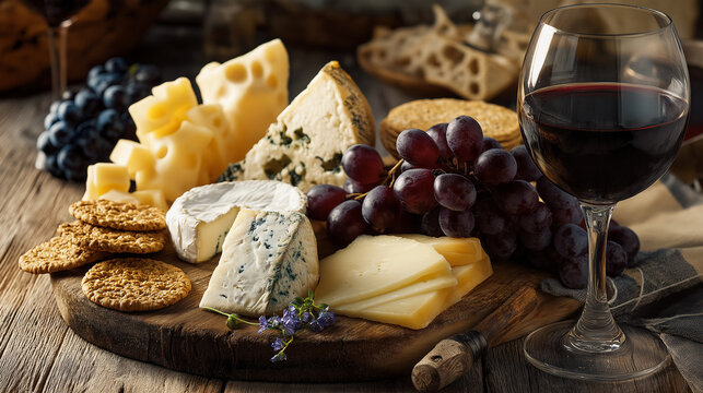 Gourmet cheeseboard with assorted cheeses, grapes, crackers, and wine glass, rustic wooden table