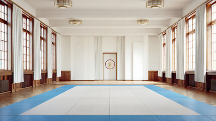 Empty martial arts training hall with tatami mats and large windows