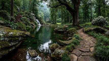 Obraz premium Tranquil pond surrounded by lush green vegetation and a stone path.