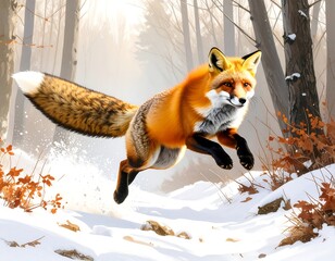 Fox leaping in winter forest