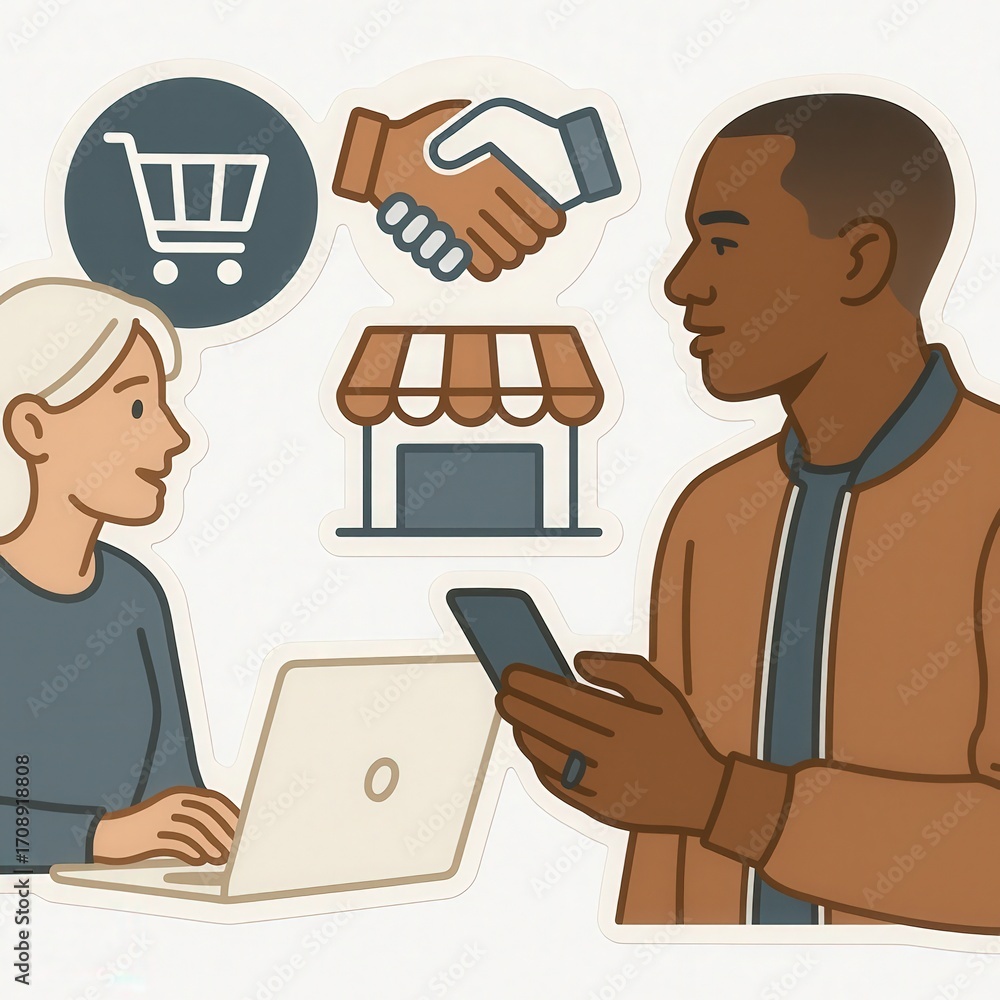 Poster engaging professionals collaborating through digital devices emphasizing commerce insights and excha