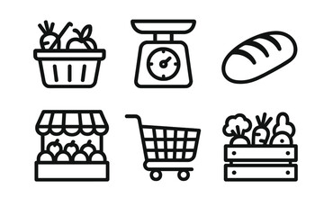 Grocery silhouette icon set. featuring basket, scale, bread, market stall, cart, and produce symbols