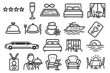 Hospitality linear icon set. featuring hotel, bed, dining, limousine, yacht, spa, room service, and sunset symbols