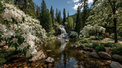 Waterfall flows into a pond surrounded by trees and white flowering bushes.