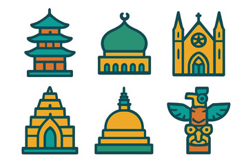 Cultural landmarks flat icon set. featuring pagoda, mosque, cathedral, temple, stupa, totem pole