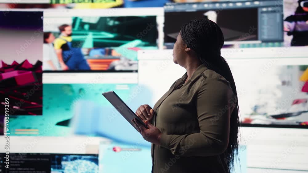 Poster close up of person using tablet, enjoying leisure time with online video content. woman browsing soc