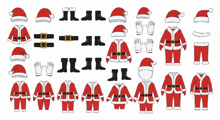 Christmas icon santa claus costume vector set christmas holiday outfit elements winter clothes santa suit isolated illustration vector