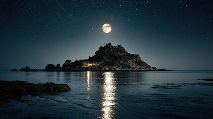 Island with a building is illuminated under a full moon at night.
