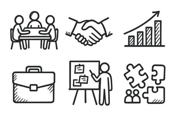Business meeting linear icon set. featuring handshake, graph, briefcase, presentation, puzzle