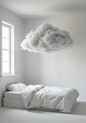 Floating cloud over bed — dreamy minimalist bedroom