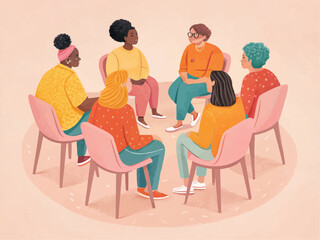 Diverse group of women sitting in a circle on pink chairs having a discussion or therapy session together