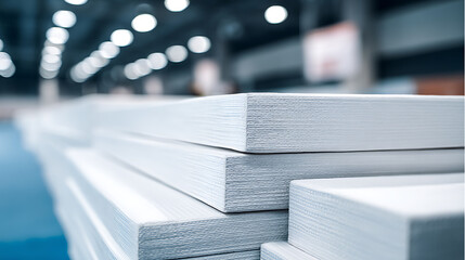 Stacked white panels in a warehouse setting