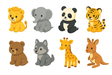 Cute animals flat icon set. featuring lion, elephant, panda, tiger, bear, wolf, giraffe, kangaroo