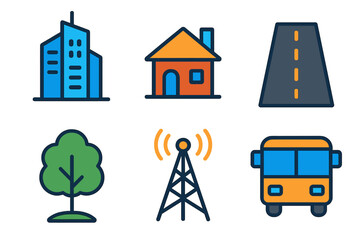 City elements neon glow icon set. featuring building, house, road, tree, radio tower, and bus symbols