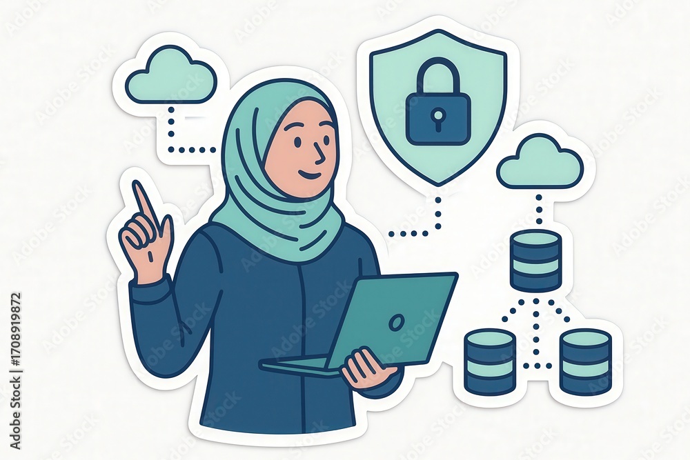 Aufkleber female professional wearing hijab with laptop demonstrating data security concepts and highlighting 