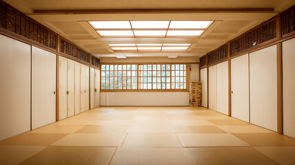 Traditional Japanese room with tatami mats, shoji screens, and wooden sliding doors