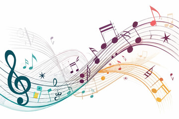 Colorful musical notes flowing on staff lines creating a vibrant and artistic musical composition design