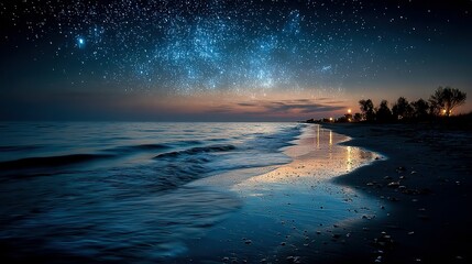 Ocean waves wash onto a beach under a starry night sky.